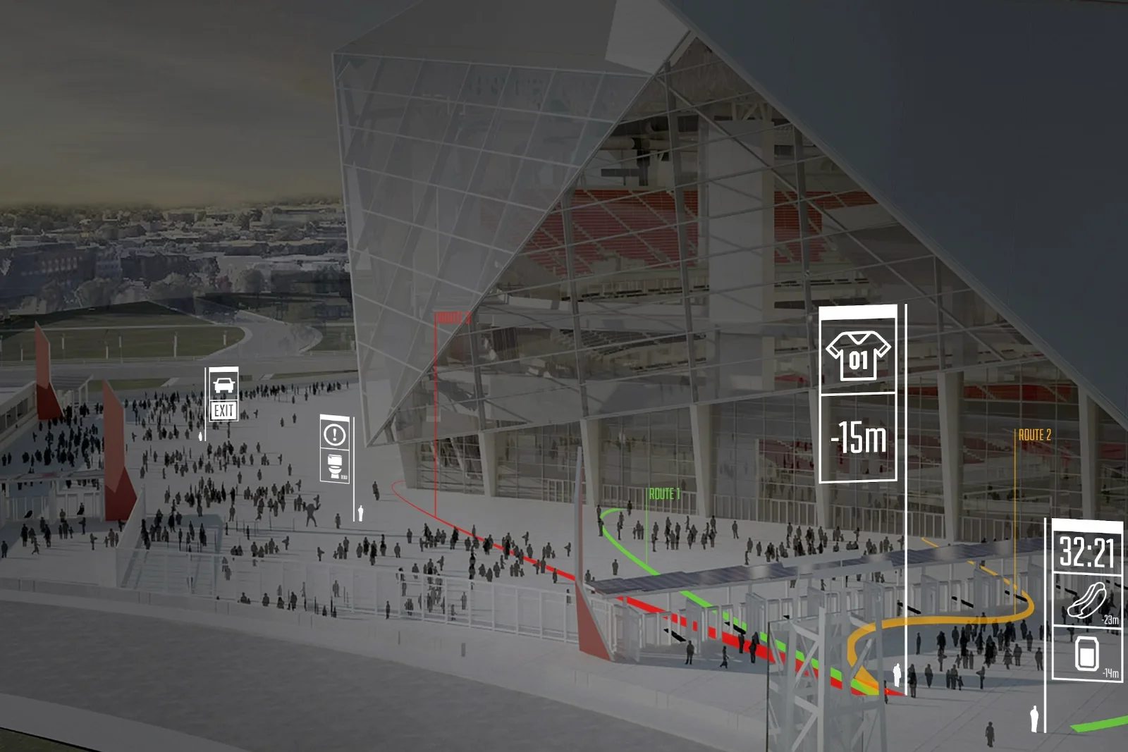 Mercedes-Benz Stadium with wayfinding visualization showing fan routes and stadium amenities