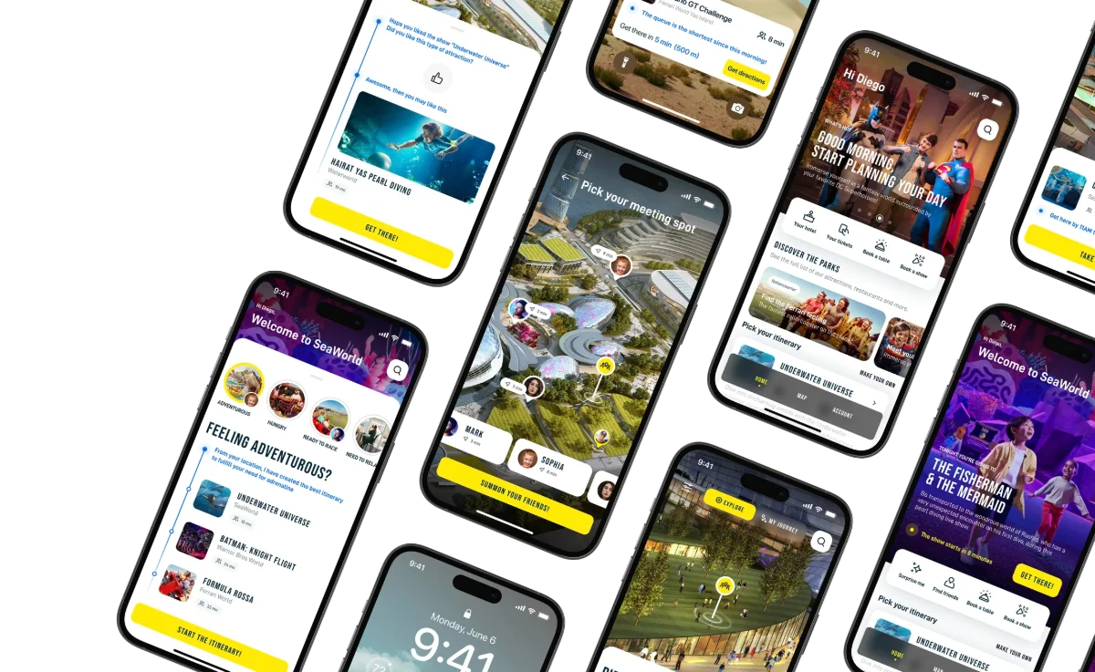 iPhone mockups showing screens of the Yas Island park experience app